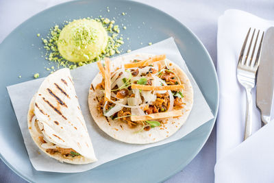 High angle view of breakfast served on table
