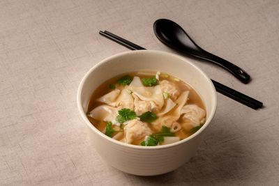 High angle view of soup in bowl on table