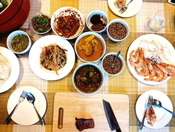 High angle view of meal served on table