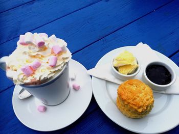 High angle view of cake served on table