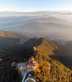 An aerial view of the bhaleshwor mahadev temple and the chandragiri cable car.