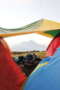 Campsite against mountains