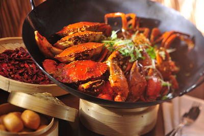 High angle view of meat in cooking pan on table