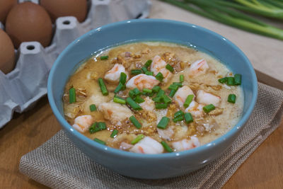 High angle view of soup in bowl on table