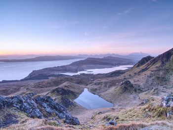 Small lake loch leathan at old man of storr.  scottish highlands. morning hoarfrost  landscape 