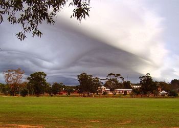 Scenic view of grassy field against cloudy sky