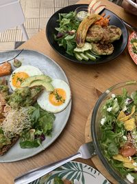 High angle view of breakfast served on table