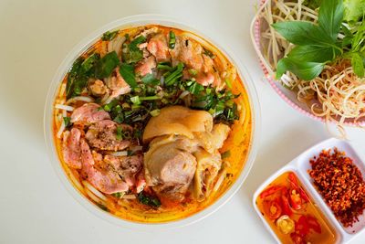 High angle view of food served in plate on table