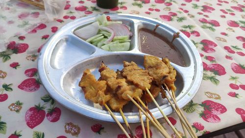 High angle view of food in plate on table