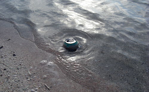 High angle view of abandoned drink can on shore