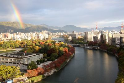 City by river against sky
