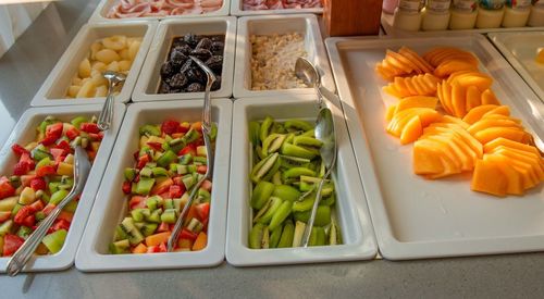 High angle view of chopped vegetables in container