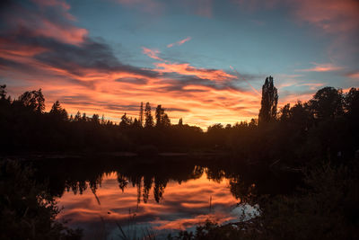 Reflection of trees in lake during sunset