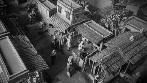 High angle view of people on street in miniature city