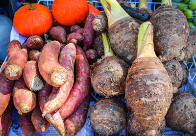 High angle view of fruits for sale at market stall