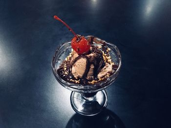 High angle view of dessert in glass on table