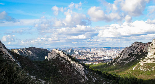 Panoramic view of cityscape against cloudy sky