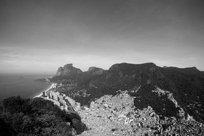 Scenic view of sea and mountains against sky