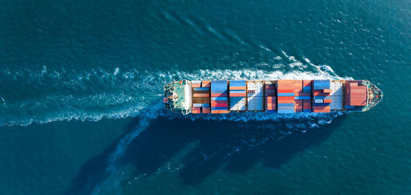 High angle view of ship in sea