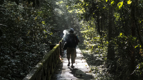 Rear view of man walking on footpath in forest