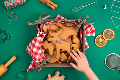 High angle view of cookies on table