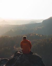 Rear view of man sitting on rock