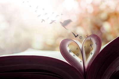 Close-up of heart shape on book