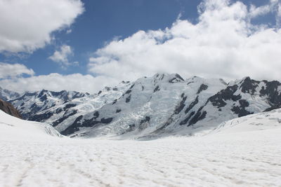 Scenic view of snow covered mountains against sky