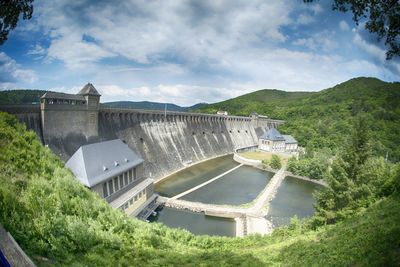 High angle view of dam against sky