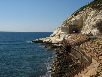 Scenic view of sea against clear blue sky