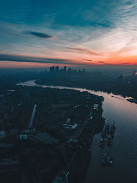 High angle view of city during sunset