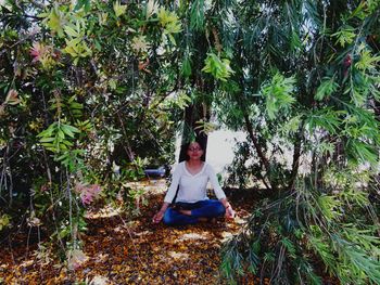 Young woman sitting on tree in forest