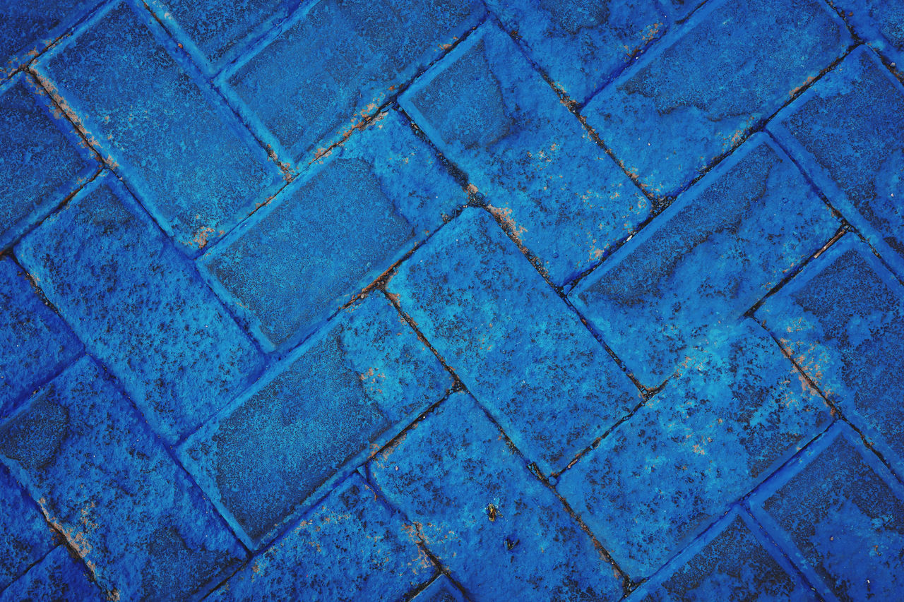 blue, backgrounds, full frame, pattern, textured, no people, azure, line, floor, wall, flooring, tile, day, net, high angle view, circle, electric blue, outdoors, repetition, footpath, close-up, shape, road surface