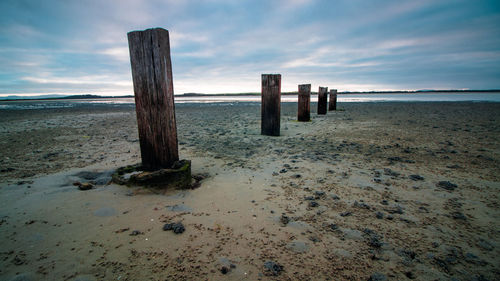 Wooden posts on beach against sky