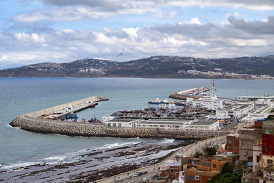 Tangier, morocco - january 24 2018 - aerial view of tangier city port.