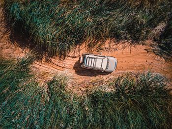 High angle view of vintage car on field