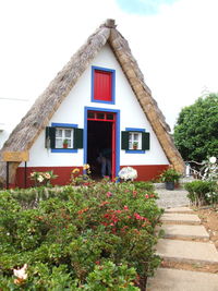 House amidst plants and building against sky