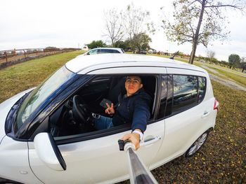 High angle view of man in car