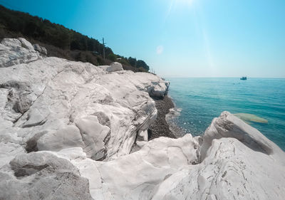 Scenic view of rocks in sea against sky