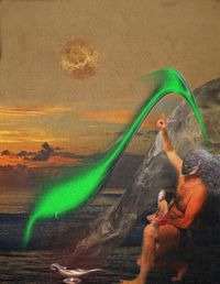 Digital composite image of people by sea