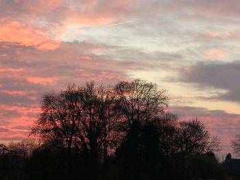 Low angle view of silhouette trees against dramatic sky