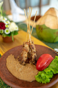 Close-up of served in plate on table