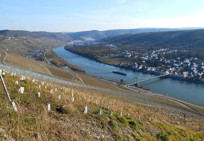 High angle view of river by landscape against sky