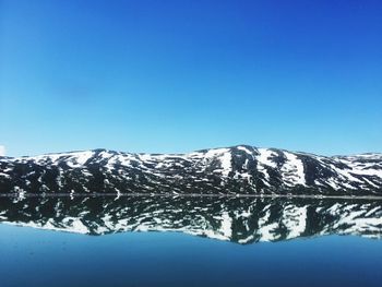 Snowcapped mountains reflecting on calm lake