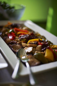 Close-up of meal served on table