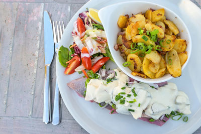 High angle view of food in plate on table