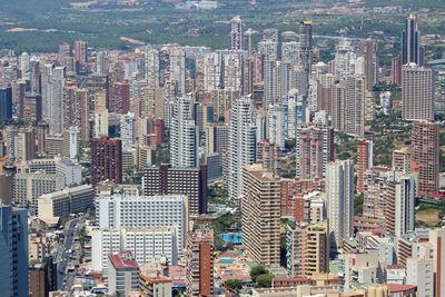 High angle view of modern buildings in city