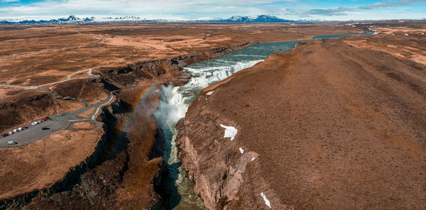 Panoramic aerial view of popular tourist destination - gullfoss waterfall.