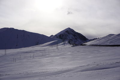 Scenic view of snow covered mountains against sky