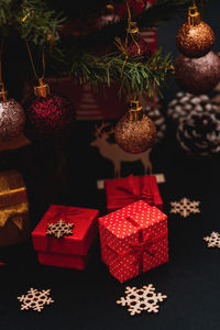 Close-up of christmas decorations on table